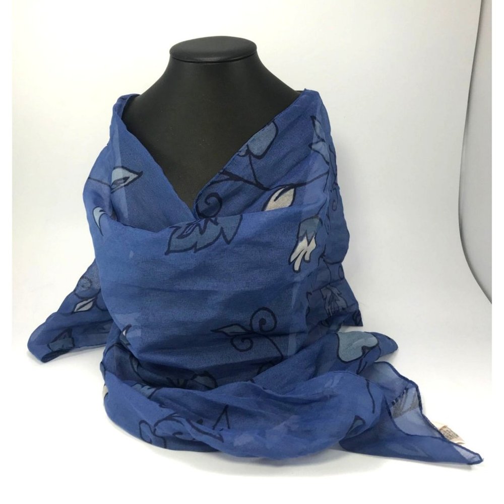 Vintage Blue & White Floral Vine Pattern Italian Chiffon Scarf 11"x60" Polyester - Picture 1 of 4